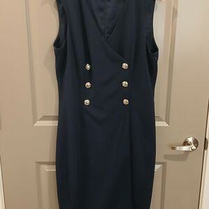 White House Black Market Navy Sleeveless Sheath Dress with Gold Buttons; Size 14